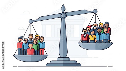 Diverse groups of people on balanced scales equality and fairness concept illustration