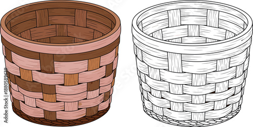 Set of two woven wicker basket vector illustrations featuring a detailed wood grain texture and a minimalist line art version