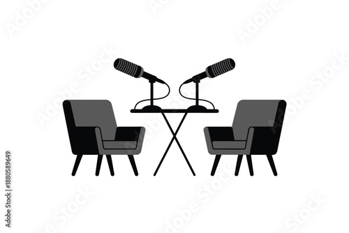 A minimalist illustration of two chairs and microphones for a podcast interview
