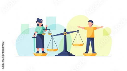 Business people balancing scales of justice with equality and fairness in a modern office setting with cityscape background