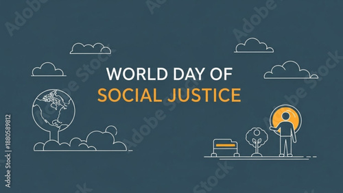 World day of social justice illustration with globe clouds and equality concept on dark blue background