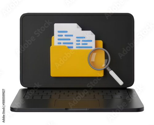 File Folder with Magnifying Glass for Searching Documents on Laptop Screen