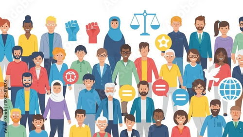 Diverse group of people with equality and justice symbols representing unity and human rights