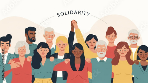 Diverse group of people showing solidarity with arms around each other