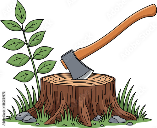 Sharp steel axe stuck in a brown tree stump on green grass with leaves vector illustration for woodcutter or forestry concept.
