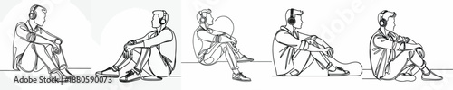 line art of a man sitting listening to music with headphones