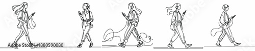 line art of a woman walking listening to music with headphones