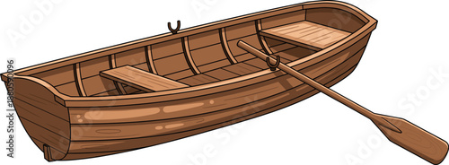Small wooden rowboat with a single oar isolated on white background vector illustration for lake and river transportation.