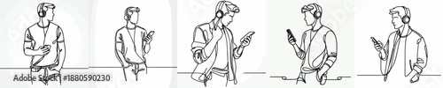line art half body of a man standing listening to music with headphones