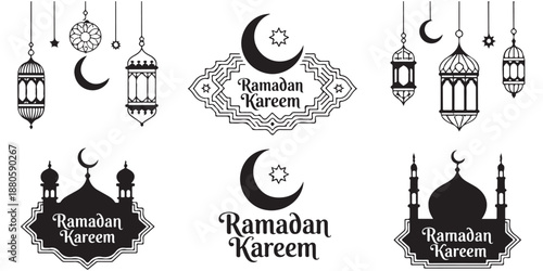 Islamic decorative badges with ramadan kareem text hanging lanterns and crescent moon shapes