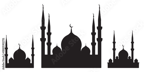 Islamic masjid building silhouettes collection with traditional domes and tall minaret towers