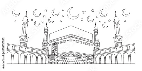 Kaaba in mecca outline drawing with moon and stars vector hajj and umrah holy pilgrimage
