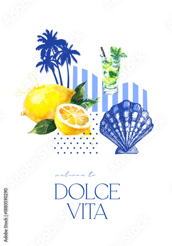 Hand drawn background with watercolor tropical cocktail, lemon, sketch seashell, palms. Dolce vita summer vibe. Collage mixed style vector illustration