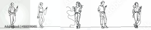 line art of a woman standing listening to music with headphones