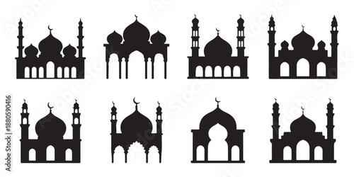 Collection of eight mosque silhouette icons representing Islamic architecture and religious buildings