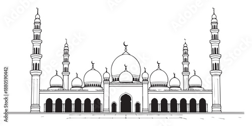 Detailed line drawing of large grand mosque with multiple domes and tall minarets along facade