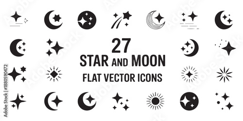 Set of twenty seven flat vector icons representing stars and crescent moons celestial objects