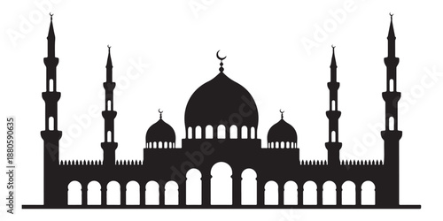 Silhouette of mosque with minarets and dome islamic religious building architectural facade vector