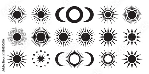 Collection of sun moon stars esoteric symbols mystical celestial signs and astronomy elements graphic