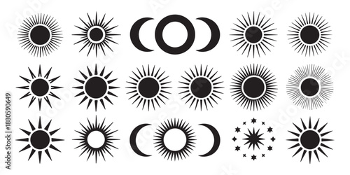 Set of sun moon and star signs celestial elements mystical symbols for spiritual and esoteric designs