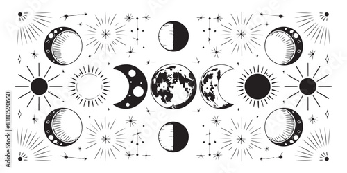 Esoteric black and white collection of celestial bodies with moon phase cycle sun and starry background