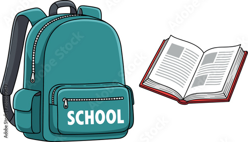 Teal school backpack and open textbook isolated on white background vector illustration for education and back to school concept.