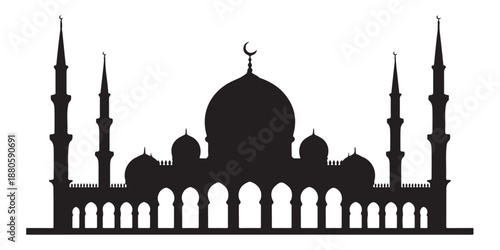 Detailed mosque silhouette with multiple domes minarets and arched entrance symmetry