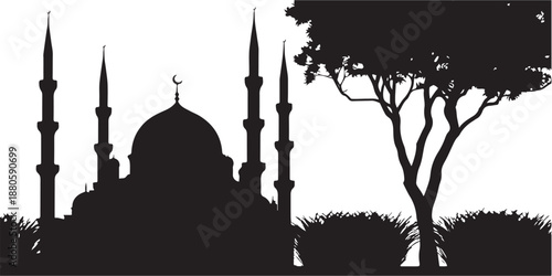Mosque and tree silhouette at dusk or dawn simple landscape view natural setting