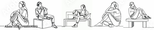 line art of a woman sitting listening to music with headphones