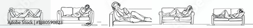 line art of a woman lying on sofa listening to music with headphones