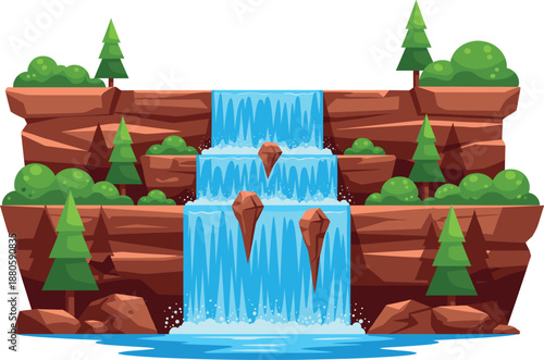 Tiered waterfall cascading down rock cliffs with pine trees and bushes in flat vector style for nature landscape background.