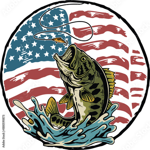 Largemouth Bass Fish with American Flag Vector Illustration