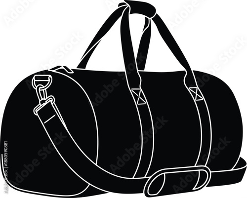 Black duffel bag with white outline and shoulder strap