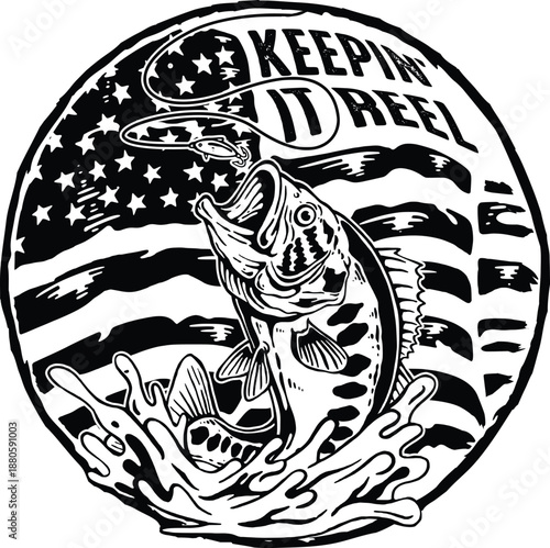 Largemouth Bass Fish with American Flag and "KEEPIN' IT REEL" Black and White Vector Illustration
