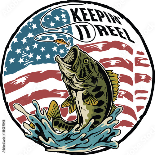 Largemouth Bass Fish with American Flag and "KEEPIN' IT REEL" Text Vector Illustration