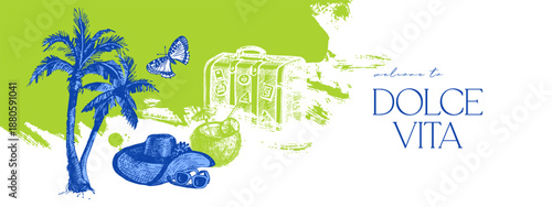 Vintage summer Italian Mediterranean coastal postage stamp set. Hand drawn vector illustration. Amalfi sketch and watercolor beach vacation design.