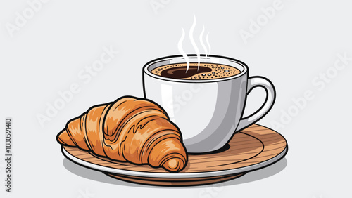 Delicious breakfast or snack scene with a steaming hot cup of coffee and a golden-baked croissant served on a wooden plate.