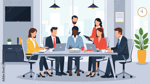 Diverse group of business professionals engaged in a collaborative meeting around a modern conference table within a bright office environment.