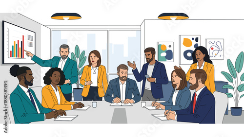 Diverse group of business professionals actively engaged in a meeting, with one man presenting data on a bar chart to his attentive colleagues.