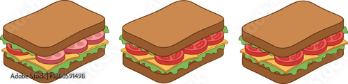 Set of three isometric deli sandwich vector illustrations featuring thick brown bread with fresh ham cheese lettuce and tomatoes