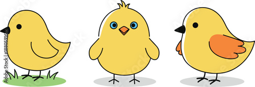 Set of three minimalist baby chick vector illustrations featuring simple line art yellow birds for spring and Easter