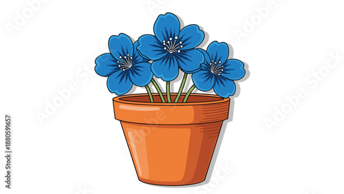 Delightful potted plant showcasing three vivid blue flowers with delicate white centers and rich green stems, nestled in a warm orange pot.