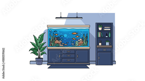 Stylish living room interior with a large, vibrant aquarium featuring colorful fish and aquatic plants, alongside a bookshelf and a houseplant.