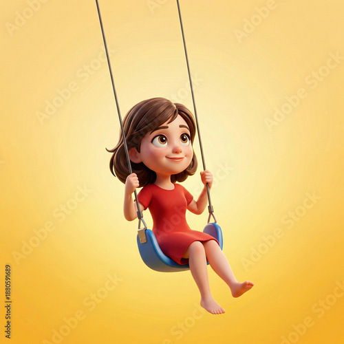 3D character illustration of a cute girl in a red dress happily swinging. Set against a vibrant yellow background with copy space for poster design and nursery wall art.