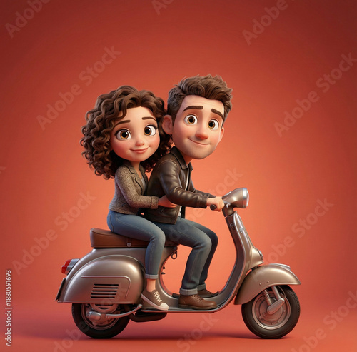3D animation of a cute young couple riding a vintage silver scooter against a red background.