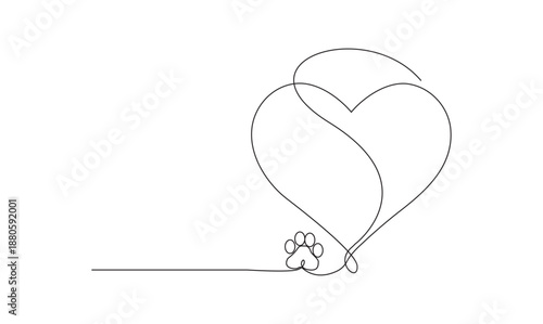 Heart with paw print in a single continuous line art
