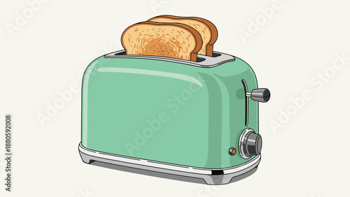 Retro-style mint green toaster with two golden-brown slices of toasted bread, ready for a delicious breakfast or snack.