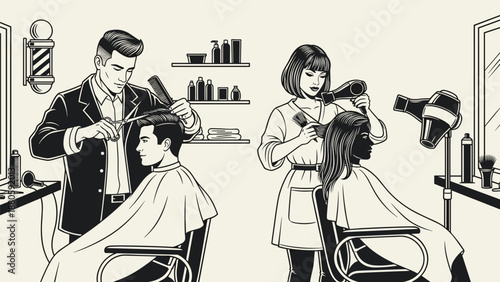 Vibrant barbershop scene with a male barber expertly cutting a client's hair and a female stylist blow-drying another client's hair.