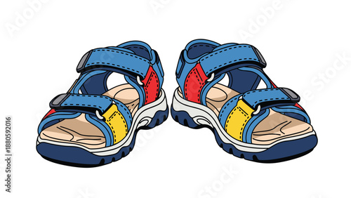 Colorful pair of children's sandals in blue, red, and yellow, designed for comfort and outdoor play during warm weather.