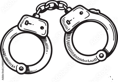handcuffs, handcuff icon, handcuff illustration, police handcuffs, metal handcuffs, law enforcement,  - Handcuffs Illustration Black and White Vector